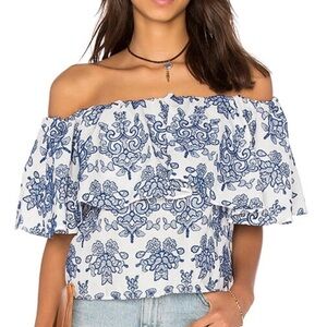 NICHOLAS Blue and White Off-Shoulder Embroidered Blouse